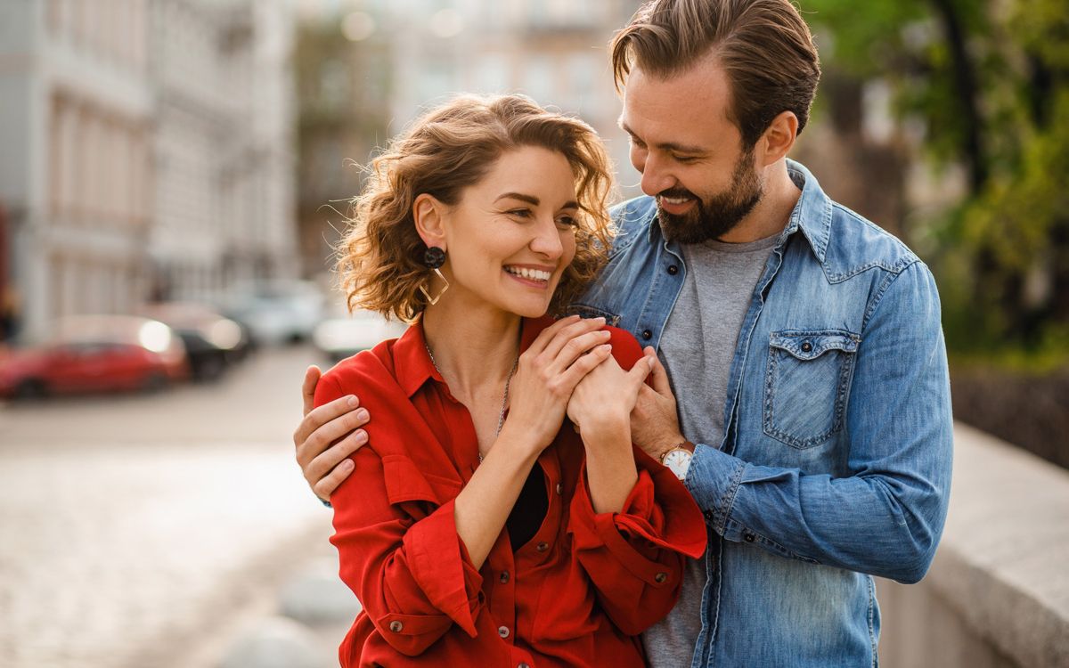 stylish couple hugging